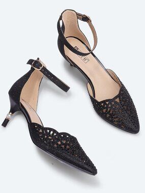 Women's Black Rhinestones Low Kitten Heels Pumps Evening Dress Shoes